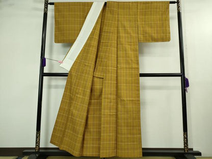 平和屋本店▽極上 山下八百子 本場黄八丈 紬 市松綾織 単衣 格子 逸品 未使用 DZAB4111kh6
