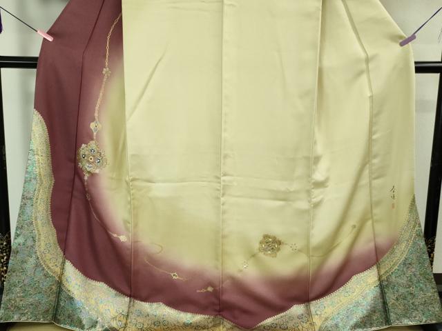 平和屋本店●極上 螺鈿作家 甲斐泰造 訪問着 螺鈿 パール 辰砂織 花菱 暈し染め 金彩 銀通し地 反端付き 逸品 DZAB4128kh6