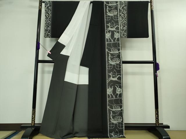 平和屋着物●極上　京都の和装業の老舗一門　千切屋治兵衛　訪問着　象形文字　暈し染め　黒地　反端付き　逸品　DZAB4129kh6