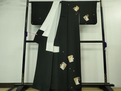 平和屋着物●極上　人形作家・ホリヒロシ　訪問着　刺繍　四季花文　黒地　鬼しぼ縮緬　逸品　DZAB4141kh6
