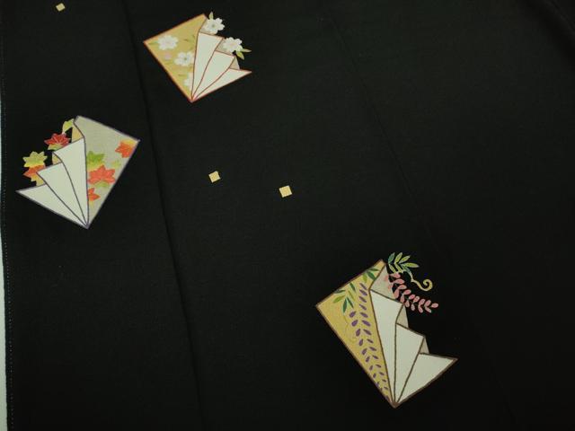 平和屋着物●極上　人形作家・ホリヒロシ　訪問着　刺繍　四季花文　黒地　鬼しぼ縮緬　逸品　DZAB4141kh6