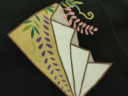平和屋着物●極上　人形作家・ホリヒロシ　訪問着　刺繍　四季花文　黒地　鬼しぼ縮緬　逸品　DZAB4141kh6