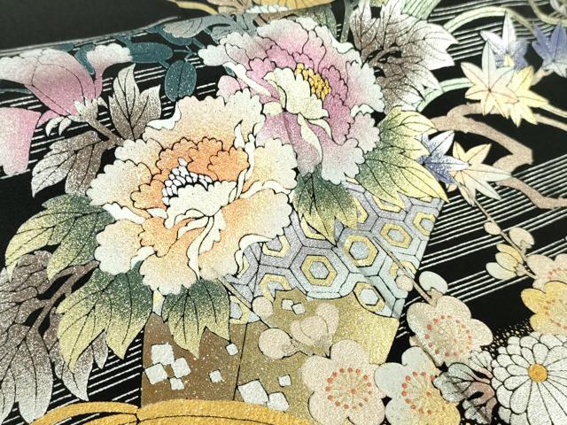 平和屋本店●極上 金彩友禅 卓越技能者・名工・和田光正 黒留袖 花束文 金銀彩 逸品 DZAB4144kh6