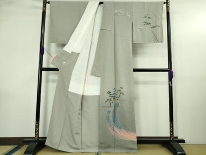 平和屋着物●極上　十日町　加賀草木友禅の第一人者　田村哲彦　訪問着　蓑亀　暈し染め　素鼠色地　逸品　DZAB4146kh6