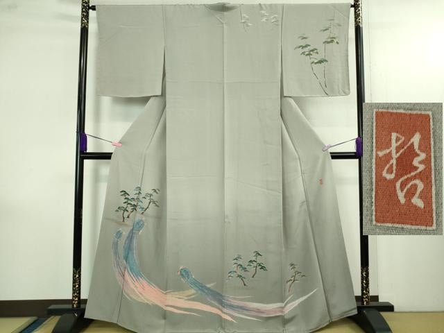 平和屋着物●極上　十日町　加賀草木友禅の第一人者　田村哲彦　訪問着　蓑亀　暈し染め　素鼠色地　逸品　DZAB4146kh6