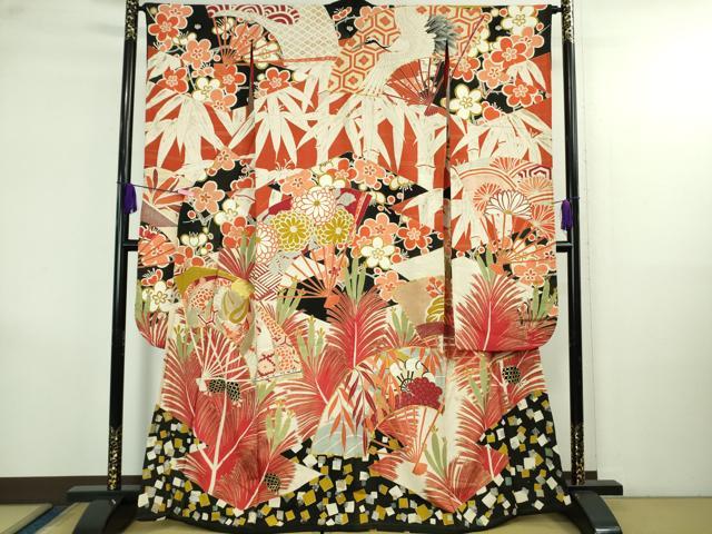 平和屋本店●極上 アンティーク 大正ロマン 振袖 駒刺繍 扇面松竹梅 黒地 金彩 逸品 DZAB4151kh6