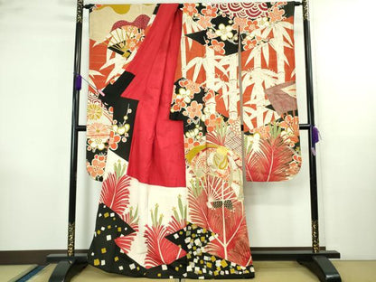 平和屋本店●極上 アンティーク 大正ロマン 振袖 駒刺繍 扇面松竹梅 黒地 金彩 逸品 DZAB4151kh6