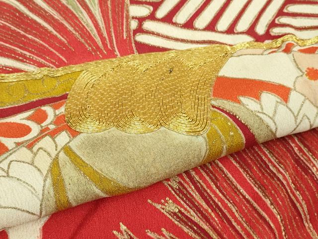 平和屋本店●極上 アンティーク 大正ロマン 振袖 駒刺繍 扇面松竹梅 黒地 金彩 逸品 DZAB4151kh6