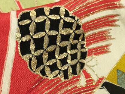 平和屋本店●極上 アンティーク 大正ロマン 振袖 駒刺繍 扇面松竹梅 黒地 金彩 逸品 DZAB4151kh6