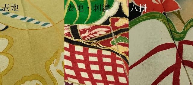 平和屋本店●極上 アンティーク 大正ロマン 振袖 駒刺繍 几帳檜扇花文 黒地 暈し染め 金彩 逸品 DZAB4154kh6