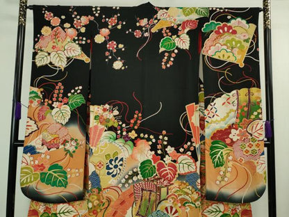 平和屋本店●極上 アンティーク 大正ロマン 振袖 駒刺繍 几帳檜扇花文 黒地 暈し染め 金彩 逸品 DZAB4154kh6