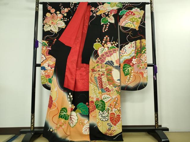 平和屋本店●極上 アンティーク 大正ロマン 振袖 駒刺繍 几帳檜扇花文 黒地 暈し染め 金彩 逸品 DZAB4154kh6