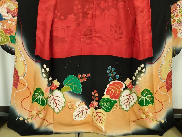 平和屋本店●極上 アンティーク 大正ロマン 振袖 駒刺繍 几帳檜扇花文 黒地 暈し染め 金彩 逸品 DZAB4154kh6