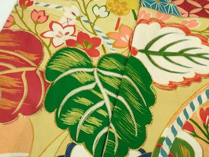 平和屋本店●極上 アンティーク 大正ロマン 振袖 駒刺繍 几帳檜扇花文 黒地 暈し染め 金彩 逸品 DZAB4154kh6