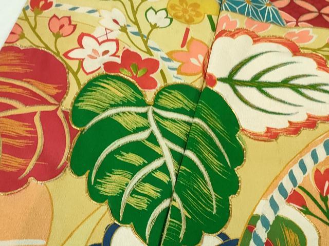 平和屋本店●極上 アンティーク 大正ロマン 振袖 駒刺繍 几帳檜扇花文 黒地 暈し染め 金彩 逸品 DZAB4154kh6