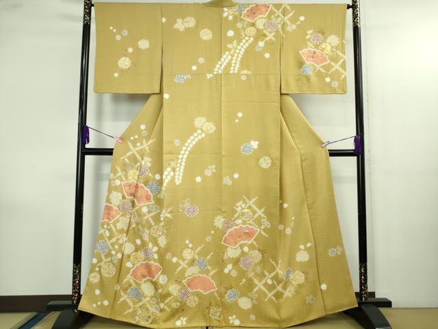 平和屋本店●極上 創業460年・千總 訪問着 駒刺繍 地紙花文 芥子色地 金彩 小田急百貨店扱い 逸品 DZAB4159kh6