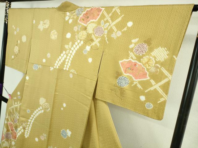 平和屋本店●極上 創業460年・千總 訪問着 駒刺繍 地紙花文 芥子色地 金彩 小田急百貨店扱い 逸品 DZAB4159kh6