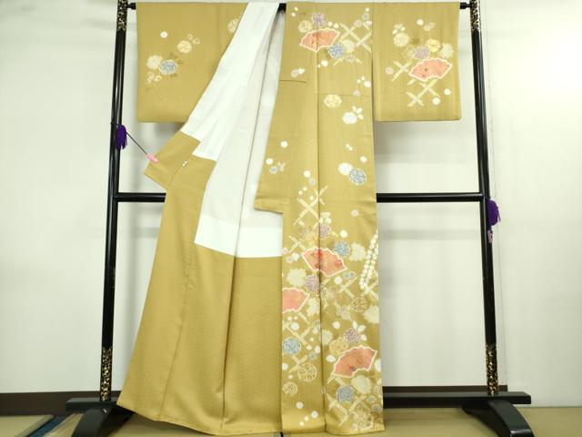 平和屋本店●極上 創業460年・千總 訪問着 駒刺繍 地紙花文 芥子色地 金彩 小田急百貨店扱い 逸品 DZAB4159kh6