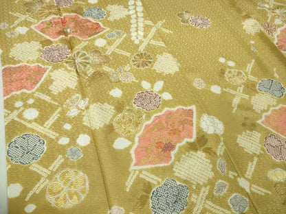 平和屋本店●極上 創業460年・千總 訪問着 駒刺繍 地紙花文 芥子色地 金彩 小田急百貨店扱い 逸品 DZAB4159kh6
