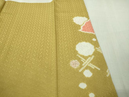 平和屋本店●極上 創業460年・千總 訪問着 駒刺繍 地紙花文 芥子色地 金彩 小田急百貨店扱い 逸品 DZAB4159kh6