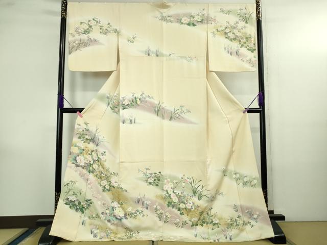 平和屋本店●極上 訪問着 刺繍 四季花文 鳥の子色地 暈し染め 金彩 ロング丈 逸品 DZAB4167kh6