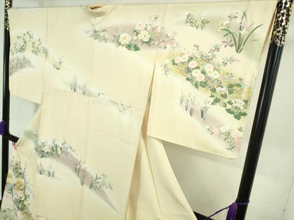 平和屋本店●極上 訪問着 刺繍 四季花文 鳥の子色地 暈し染め 金彩 ロング丈 逸品 DZAB4167kh6
