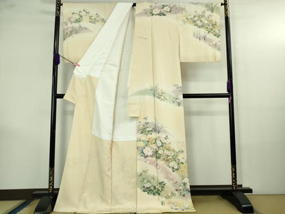平和屋本店●極上 訪問着 刺繍 四季花文 鳥の子色地 暈し染め 金彩 ロング丈 逸品 DZAB4167kh6
