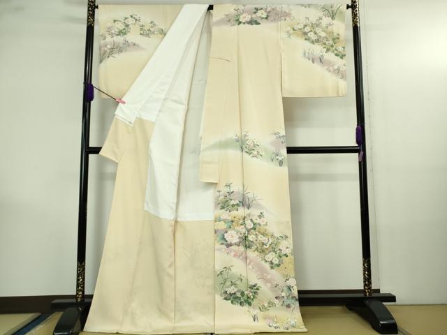 平和屋本店●極上 訪問着 刺繍 四季花文 鳥の子色地 暈し染め 金彩 ロング丈 逸品 DZAB4167kh6
