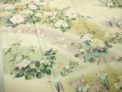 平和屋本店●極上 訪問着 刺繍 四季花文 鳥の子色地 暈し染め 金彩 ロング丈 逸品 DZAB4167kh6