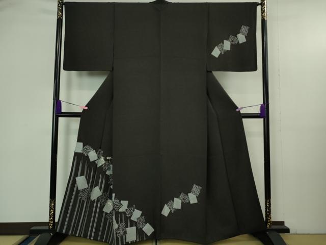 平和屋着物●極上　訪問着　色紙重ね花文　雪輪地紋　紫黒色地　金彩　逸品　DZAB4171kh6