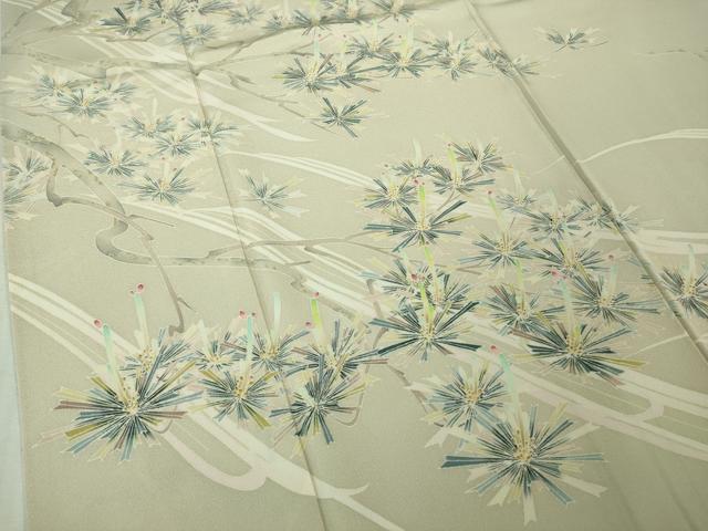 平和屋本店●極上　本加賀友禅作家　田島丈士　訪問着　枝垂れ桜松文　亜麻色地　逸品　DZAB4174kh6