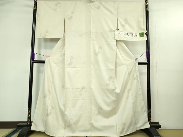 平和屋本店●極上　結城紬　80亀甲　飛び亀甲柄　猫に鞠　象牙色地　証紙付き　逸品　未使用　DZAB4186kh6