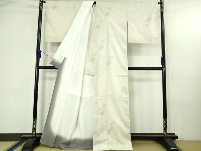 平和屋本店●極上　結城紬　80亀甲　飛び亀甲柄　猫に鞠　象牙色地　証紙付き　逸品　未使用　DZAB4186kh6
