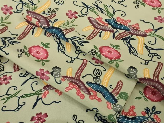 平和屋本店●極上　本場琉球紅型　小紋　松藤花文　亜麻色地　逸品　未使用　DZAB4194kh6