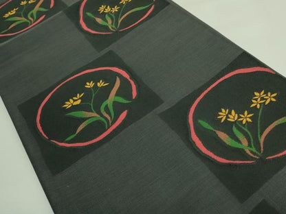 平和屋着物●極上　名門木屋太　今河織物　六通柄袋帯　草花文　黒地　逸品　DZAB4216kh6