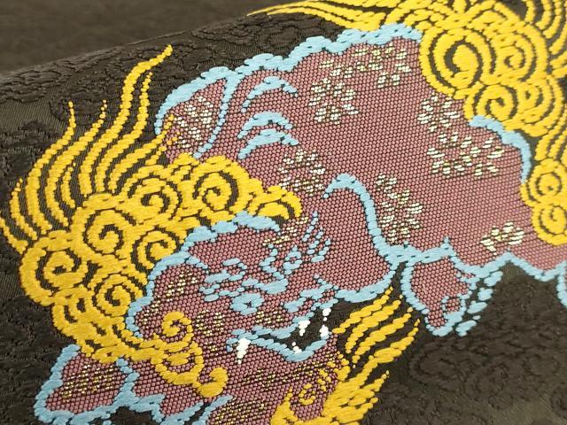 平和屋着物●極上 山口美術織物 皇室 伊勢神宮御用 西陣織 山口克爾染織 太鼓柄袋帯 唐織 瑞雲唐獅子文 憲法黒茶地 金糸 逸品 DZAB4224kh6