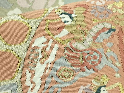 平和屋着物●極上　爪掻き本綴れ　八寸名古屋帯　狩猟文　花唐草　秘色色地　金糸　逸品　DZAB4231kh6
