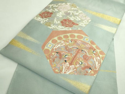 平和屋着物●極上　爪掻き本綴れ　八寸名古屋帯　狩猟文　花唐草　秘色色地　金糸　逸品　DZAB4231kh6