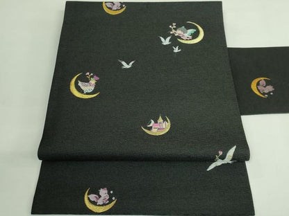 平和屋着物●極上　九寸名古屋帯　妖精　鳩　リス　お城　メルヘン　黒地　逸品　DZAB4234kh6