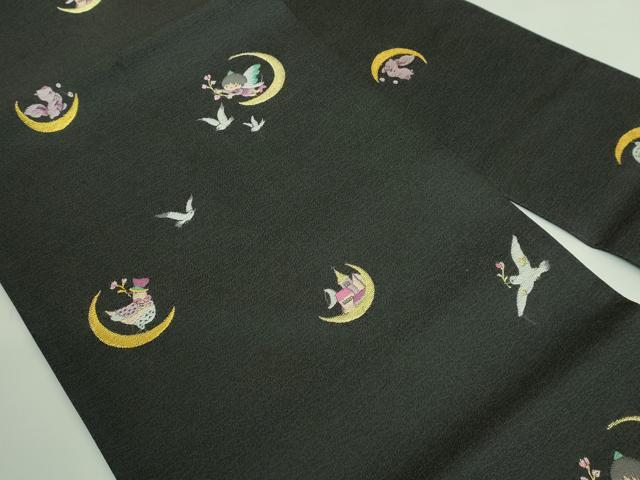 平和屋着物●極上　九寸名古屋帯　妖精　鳩　リス　お城　メルヘン　黒地　逸品　DZAB4234kh6