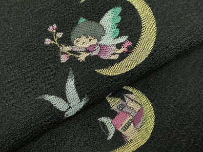 平和屋着物●極上　九寸名古屋帯　妖精　鳩　リス　お城　メルヘン　黒地　逸品　DZAB4234kh6