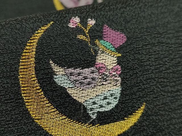 平和屋着物●極上　九寸名古屋帯　妖精　鳩　リス　お城　メルヘン　黒地　逸品　DZAB4234kh6