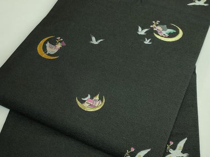 平和屋着物●極上　九寸名古屋帯　妖精　鳩　リス　お城　メルヘン　黒地　逸品　DZAB4234kh6