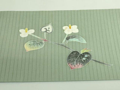 平和屋着物＊極上　夏物　人間国宝・羽田登喜男　絽塩瀬　九寸名古屋帯　枝花文　薄い山葵色地　三越扱い　逸品　DZAB4241kh6