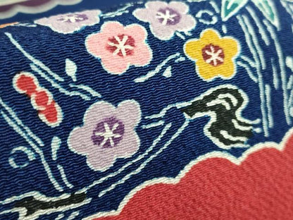 平和屋本店●極上　浦野理一　型染　九寸名古屋帯　雲取り飛鶴文　松竹梅　紺色地　鬼しぼ縮緬　逸品　DZAB4244kh6