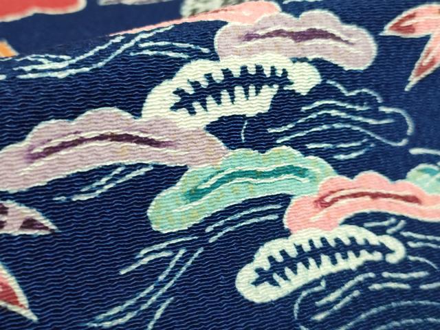 平和屋本店●極上　浦野理一　型染　九寸名古屋帯　雲取り飛鶴文　松竹梅　紺色地　鬼しぼ縮緬　逸品　DZAB4244kh6