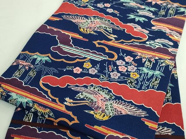 平和屋本店●極上　浦野理一　型染　九寸名古屋帯　雲取り飛鶴文　松竹梅　紺色地　鬼しぼ縮緬　逸品　DZAB4244kh6