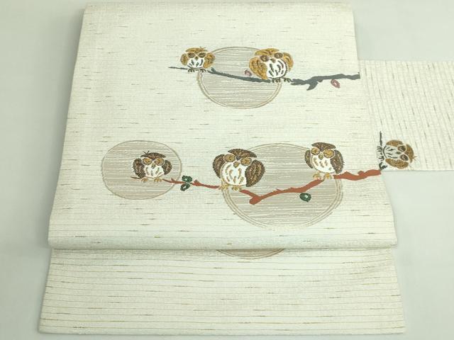 平和屋着物●極上　九寸名古屋帯　ぜんまい紬　梟　フクロウ　金糸　逸品　DZAB4245kh6