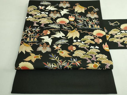 平和屋本店●極上　九寸名古屋帯　刺繍　宝尽くし　鶴　蓑亀　黒地　金糸　逸品　DZAB4246kh6