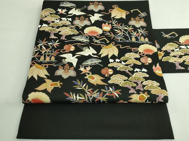 平和屋本店●極上　九寸名古屋帯　刺繍　宝尽くし　鶴　蓑亀　黒地　金糸　逸品　DZAB4246kh6